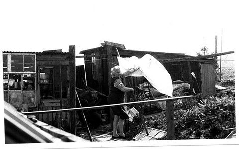 An elderly woman hanging a white sheet outside a wooden shed in a rural setting, surrounded by other structures and overgrown plants.