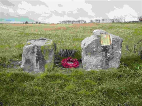 Two weathered grave markers in a grassy field, one adorned with a bouquet of red flowers, set against a cloudy sky and distant buildings.