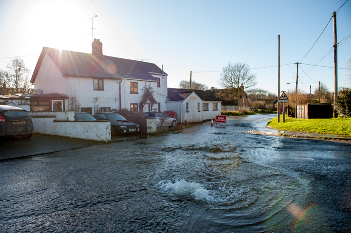 A residential area with a house and parked cars amidst a flooded road, water visible pooling around vehicles. Bright sunlight casts a warm glow on the scene, highlighting the water and surroundings.