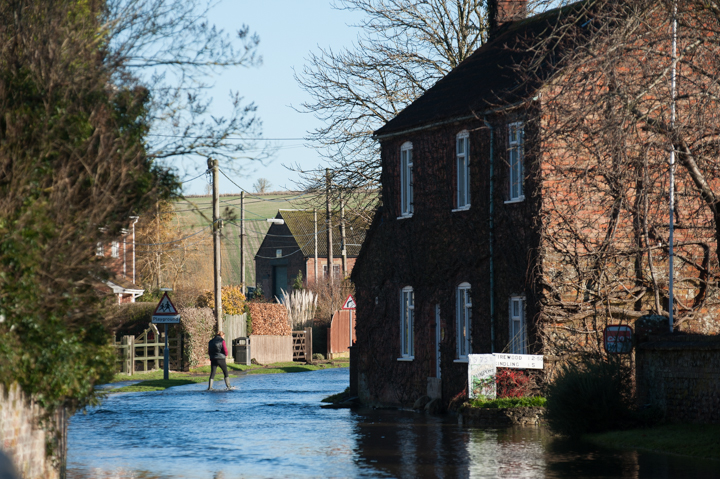 A flooded street with a person walking along the water near brick houses. Trees and utility poles line the road under a clear blue sky.